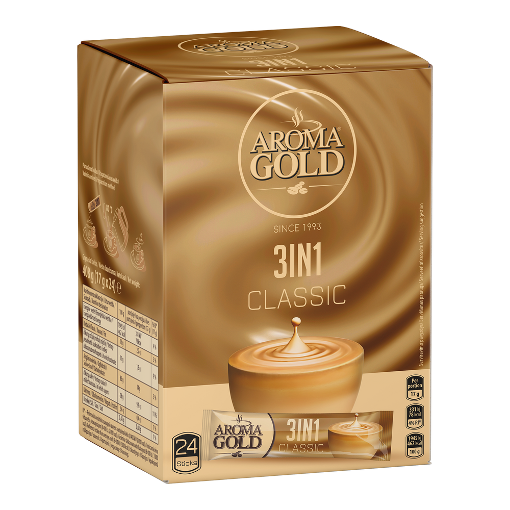 Tirpus kavos gėrimas AROMA GOLD 3in1, displėjus (24 vnt.), Pakuotė