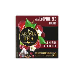 Aromatizuota juodoji arbata AROMA TEA su liofilizuotų vyšnių gabaliukais, 10 dėžučių pakuotė