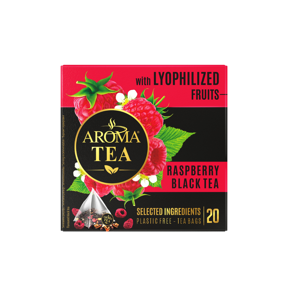 Aromatizuota juodoji arbata AROMA TEA su liofilizuotų aviečių gabaliukais, 30 g