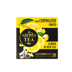 Aromatizuota juodoji arbata AROMA TEA su liofilizuotų citrinų gabaliukais, 30 g