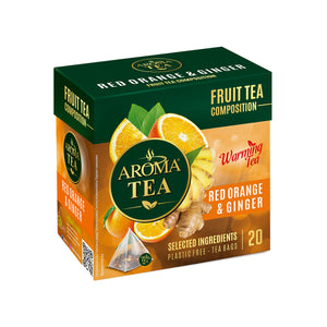 Raudonųjų apelsinų skonio AROMA TEA vaisinė arbata su imbieru, Pakuotė