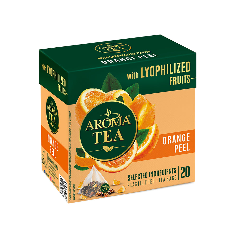 Aromatizuota vaisinė arbata AROMA TEA su liofilizuotų apelsinų žievelių gabaliukais, Pakuotė
