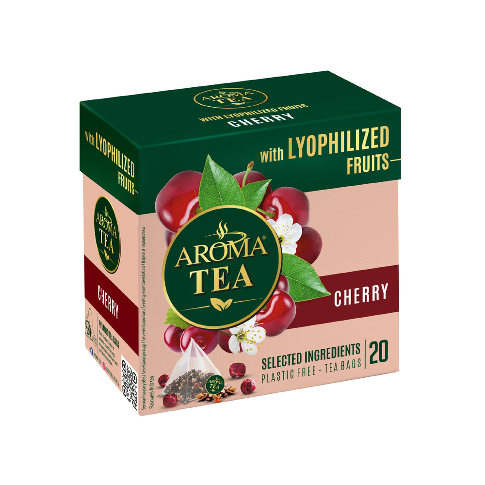 Aromatizuota vaisinė arbata AROMA TEA su liofilizuotų vyšnių gabaliukais, Pakuotė